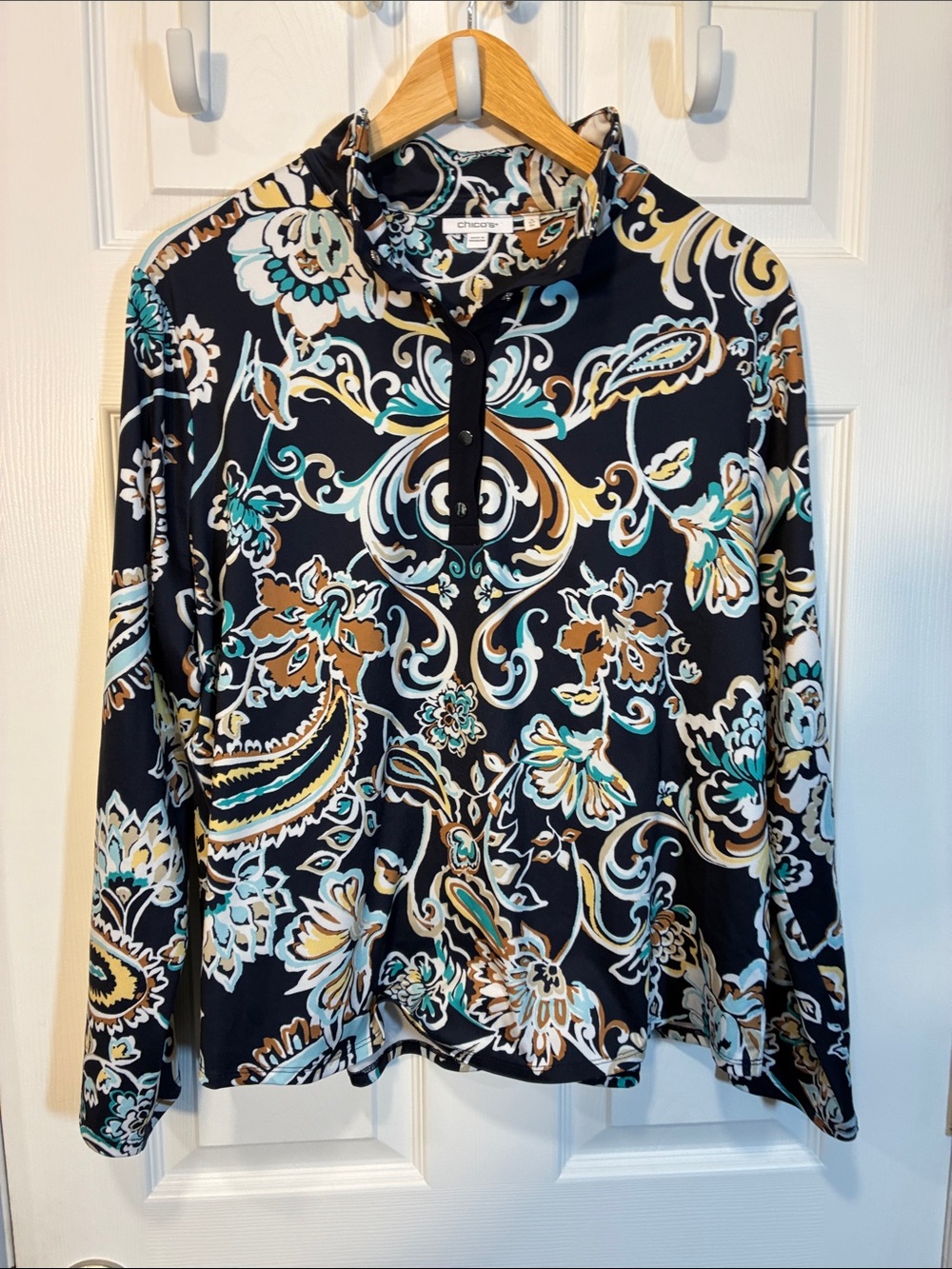 Chico's Black Long-Sleeve Paisley Henley with Teal and Tan Accents